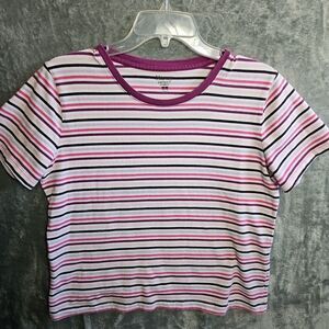 Hanes Women's Sz M Perfect Tee Relaxed Fit Striped pink multicolored cotton